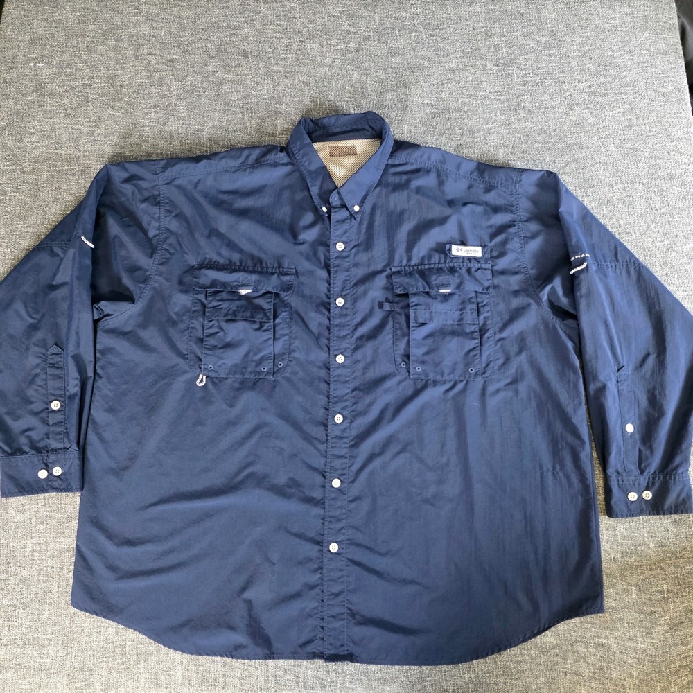 Columbia PFG Mens Navy Blue Long Sleeve Fishing Shirt FS7048 Tactel Nylon 2XL